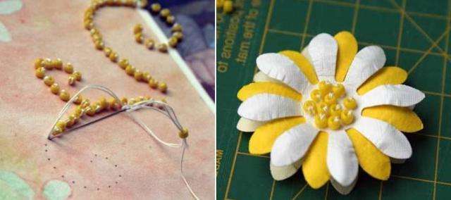 Perler kan bruges til at dekorere et postkort, hvorpå en blomst er fastgjort.
