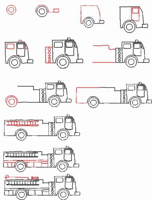 πώς να σχεδιάσετε ένα πυροσβεστικό όχημα με ένα απλό μολύβι για αρχάριους και παιδιά φωτογραφία 2